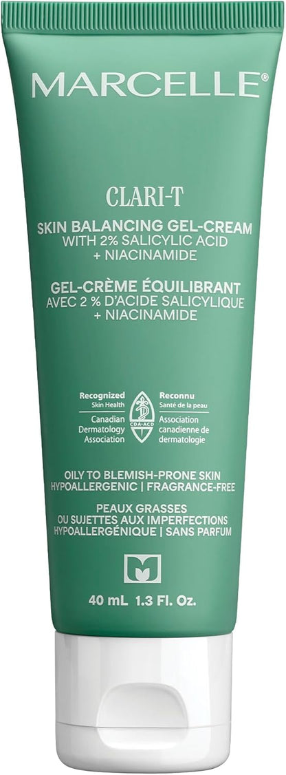 Marcelle Clari-T Skin Balancing Gel-Cream with 2% Salicylic Acid + Niacinamide, Face Moisturizer, Clarifying & Exfoliating, Vegan, Cruelty-Free, Hypoallergenic, Fragrance-Free, Non-Comedogenic, 40 mL