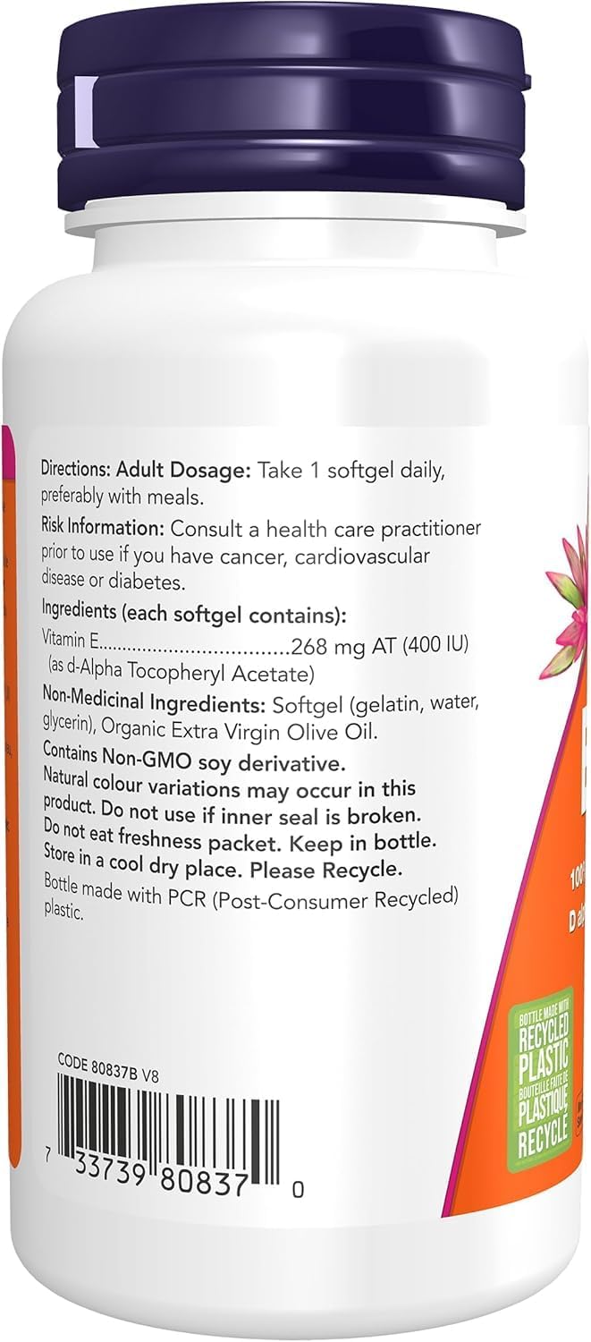 NOW Supplements, Vitamin E-400 IU, D-Alpha Tocopheryl, Antioxidant Protection*, 100 Softgels