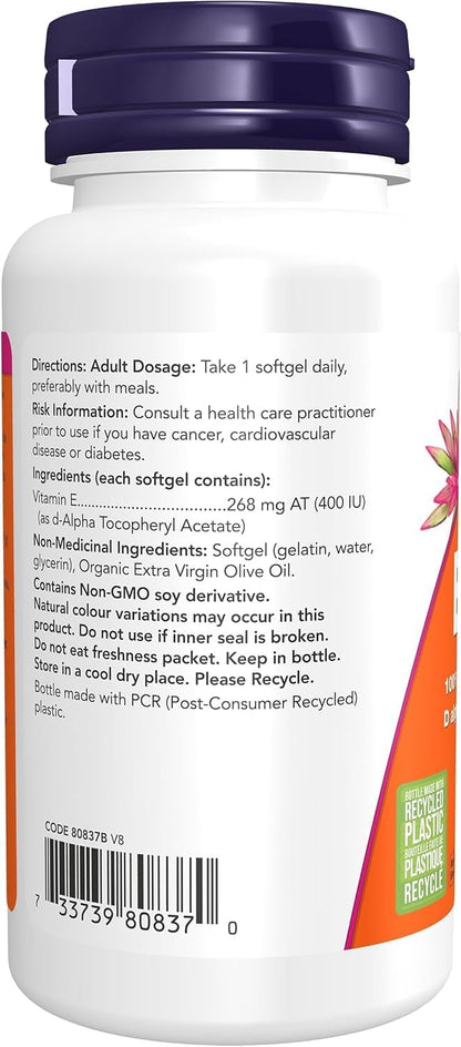 NOW Supplements, Vitamin E-400 IU, D-Alpha Tocopheryl, Antioxidant Protection*, 100 Softgels