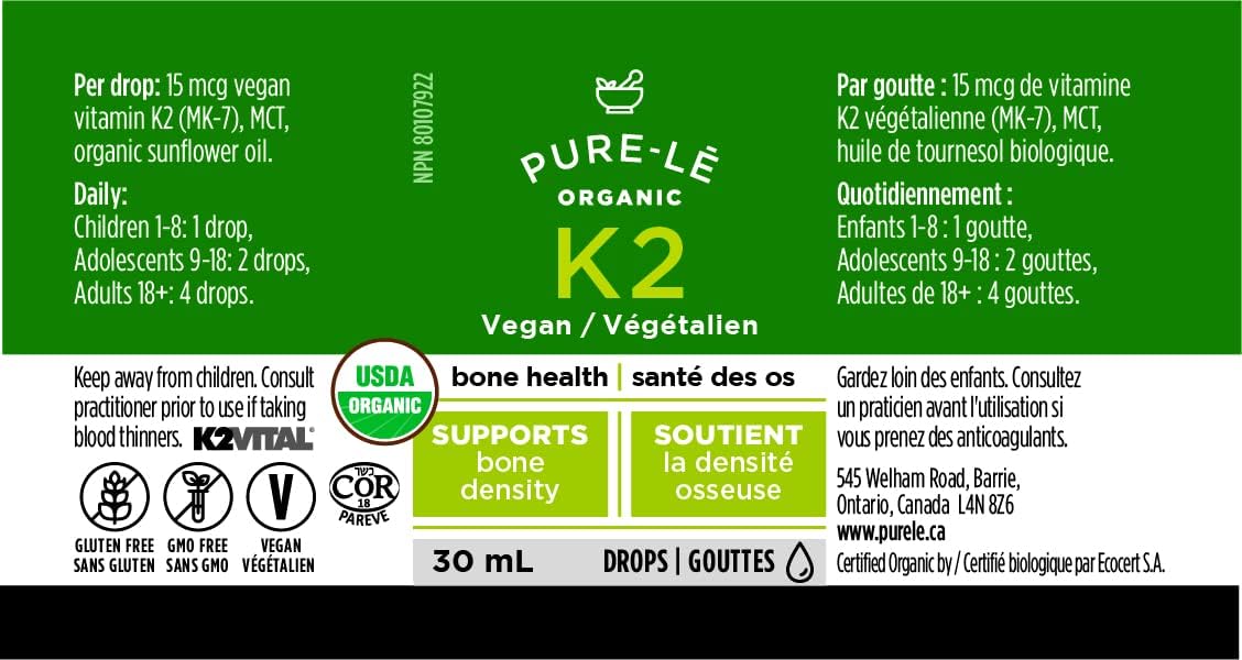 美国农业部有机维生素K2 (MK-7)滴剂，适合全家使用 - 完全生物可利用 - 速效，老少皆宜。犹太洁食认证，纯素，非转基因。无副作用 - 加拿大制造，超优质膳食补充剂