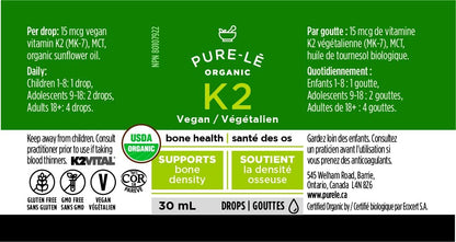 美国农业部有机维生素K2 (MK-7)滴剂，适合全家使用 - 完全生物可利用 - 速效，老少皆宜。犹太洁食认证，纯素，非转基因。无副作用 - 加拿大制造，超优质膳食补充剂