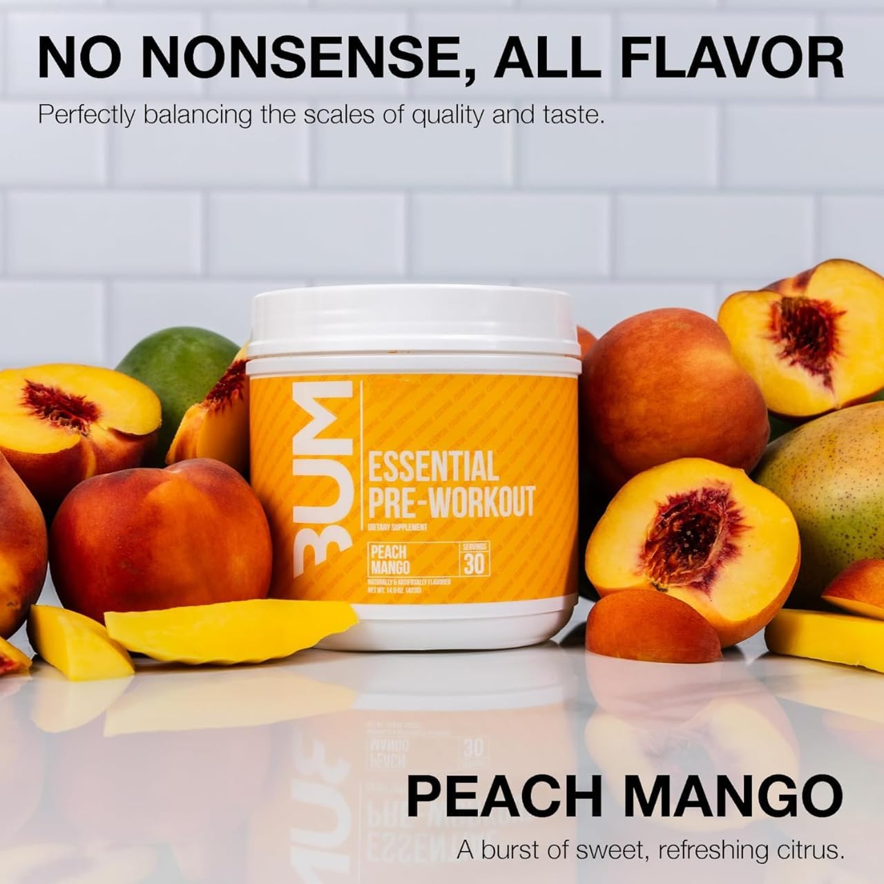 BUM 必備運動前粉 | Chris Bumstead 招牌必備運動前粉 | 咖啡因、L-瓜氨酸、L-酪氨酸和 β-丙氨酸混合物 | 30 份（桃芒果味）