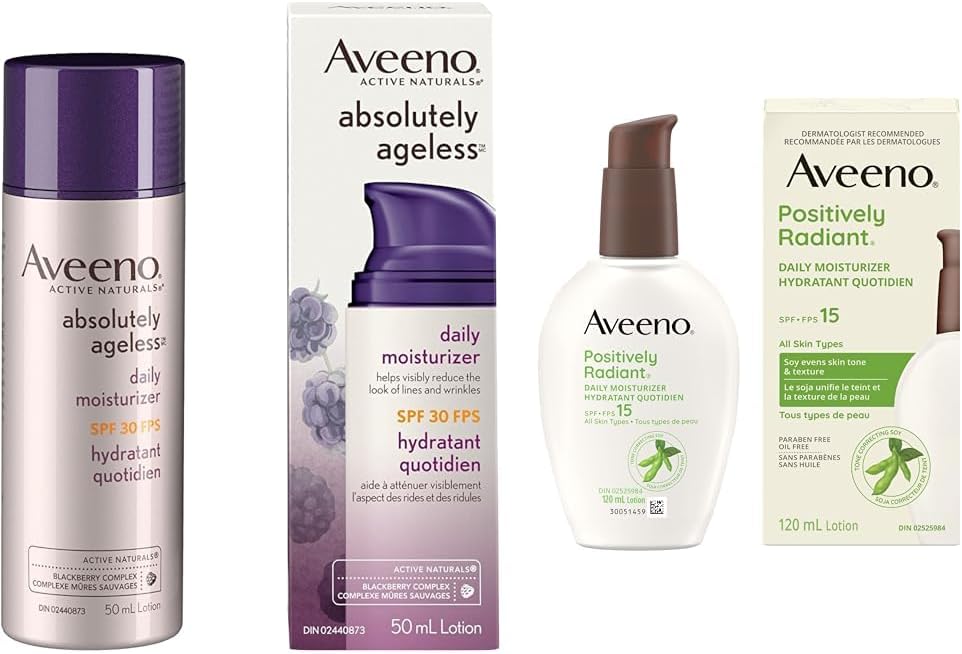 Aveeno 抗衰老面部保湿霜 Spf 30、Absolutely Ageless 抗皱霜（50 毫升）和 Positively Radiant 日常保湿霜 SPF 15（120 毫升）（包装可能有所不同）