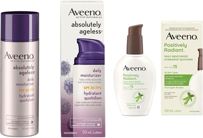 Aveeno 抗衰老面部保湿霜 Spf 30、Absolutely Ageless 抗皱霜（50 毫升）和 Positively Radiant 日常保湿霜 SPF 15（120 毫升）（包装可能有所不同）