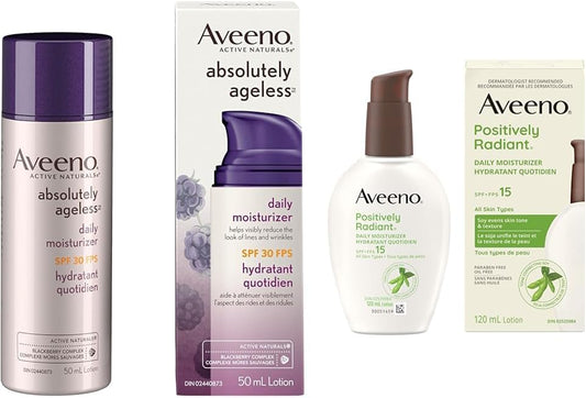 Aveeno 抗衰老面部保湿霜 Spf 30、Absolutely Ageless 抗皱霜（50 毫升）和 Positively Radiant 日常保湿霜 SPF 15（120 毫升）（包装可能有所不同）