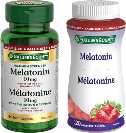 Nature's Bounty 褪黑激素 10 毫克 120 粒超值裝，有助於重置身體的睡眠-覺醒週期；褪黑激素 2.5 毫克 120 粒軟糖，有助於重置身體的睡眠-覺醒週期