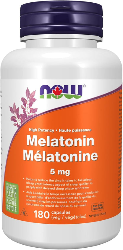 NOW Supplements，褪黑激素 5 毫克，自由基清除劑，健康睡眠週期，180 粒素食膠囊