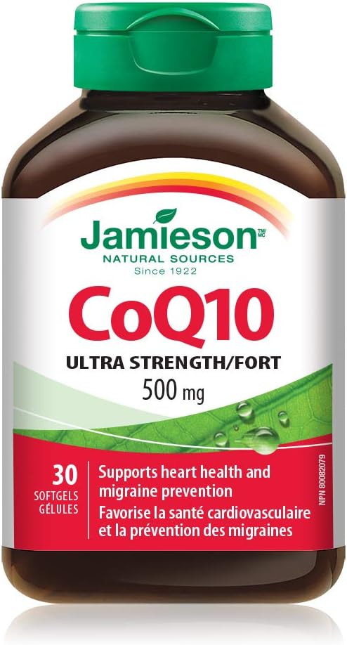Jamieson CoQ10 500毫克，辅酶Q10，超强效，支持心脏健康，并有助于预防偏头痛。非转基因，无麸质，30粒软胶囊，加拿大制造