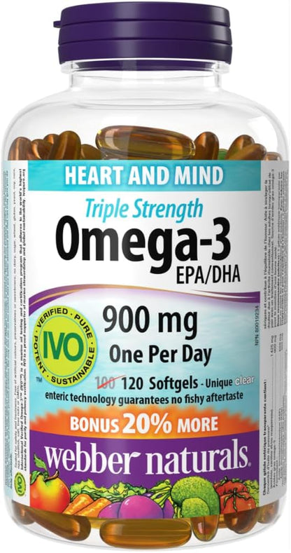 Webber Naturals Omega-3 900 毫克三倍強度，120 粒透明腸溶無魚腥味軟膠囊，支持心血管健康和大腦功能