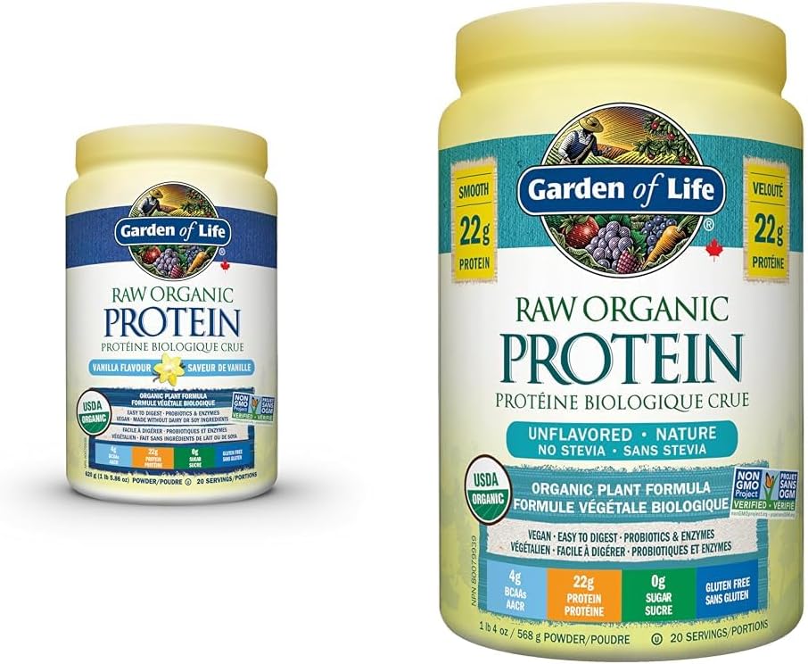 Garden of Life Raw Organic Protein, Vanilla, 624g. Packed with 22 Grams of Certified Organic Plant Protein & Raw Organic Protein, Unflavored, 568g