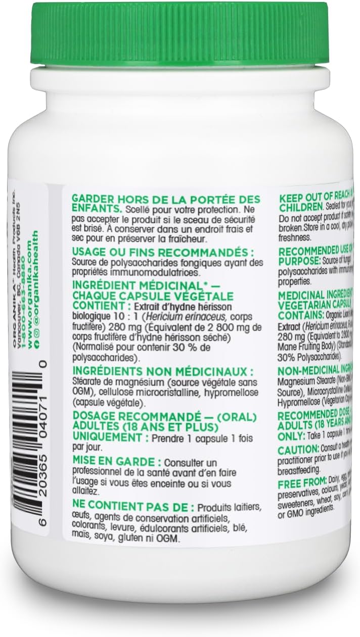 Organika 加拿大制造狮鬃菇 - 超强有机蘑菇提取物 - 2800 毫克 - 益智，天然支持记忆力、情绪、神经保护和认知 - 120 粒胶囊，120 天用量