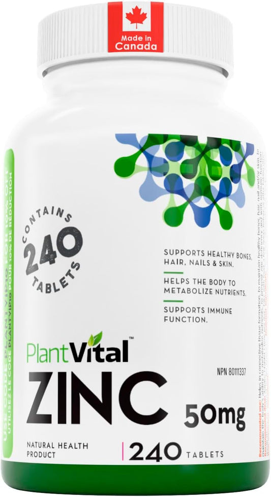 PlantVital Zinc Supplements - Made in Canada - 50mg (240 Count) - Immune Support, Healthy Bones, Hair, Nail and Skin with Zinc Gluconate 50mg - Made in Canada - Additive-Free - 240 Zinc Tablets