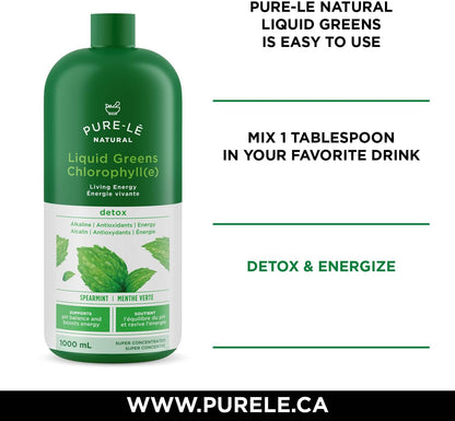 Pure-lē Natural Chlorophyll Liquid Greens | Organic (COR Certified), Gluten-Free, Vegan | Mint Flavor (1000 mL) – Natural Body Deodorant, Alkalizing & Antioxidant Support