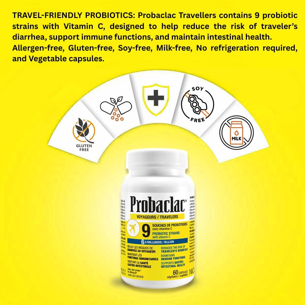 Probaclac Travelers 益生菌可降低旅客腹瀉的風險，維持免疫功能，並有助於維護胃腸道健康。含有 65 億活性細胞（9 種菌株）（60 粒）