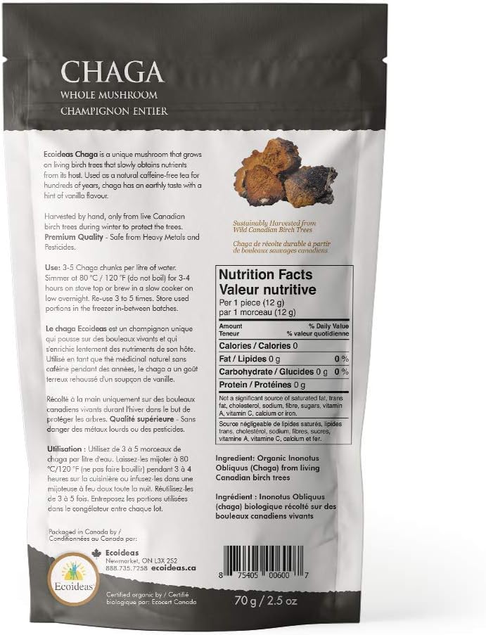 Ecoideas Wild Harvested Chaga Whole Mushroom, 70 gram