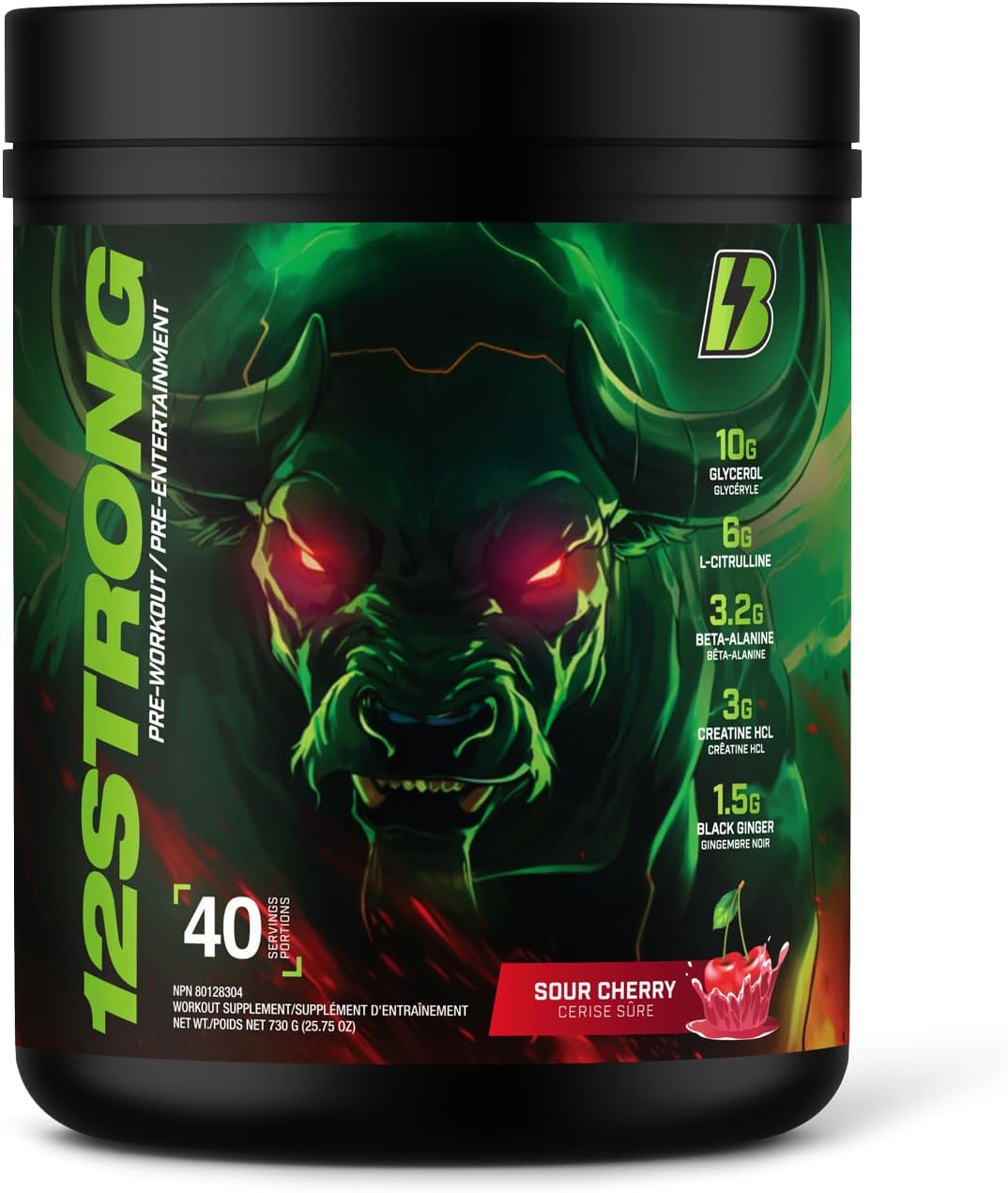 BULL Nutrition 12 STRONG - 含甘油、L-瓜氨酸、β-丙氨酸和肌酸补充剂的运动前粉末，可促进肌肉生长并提高耐力、力量、专注力和能量输出 - 加拿大制造 - 40 份……