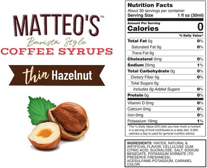 Matteo's Barista 风格无糖咖啡糖浆 - 零卡路里生酮友好型咖啡糖浆和调味料 - 美国制造犹太洁食无糖咖啡调味糖浆，适合家庭和工作（榛子味，25.4 盎司，1 包）