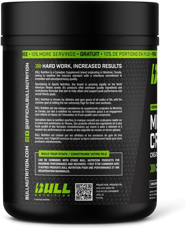 BULL Nutrition – 微粉化肌酸一水合物补充剂粉，用于促进肌肉生长、增强耐力和力量，从而提高运动表现 – 加拿大制造 – 220 份，1100 克 - 无味