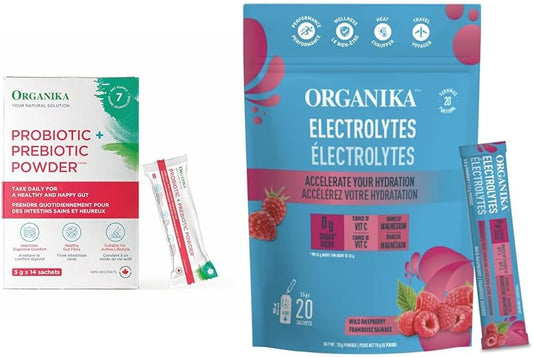 Organika Prebiotic + Probiotic Powder | Organika Electrolytes Powder - Wild Raspberry Sachets