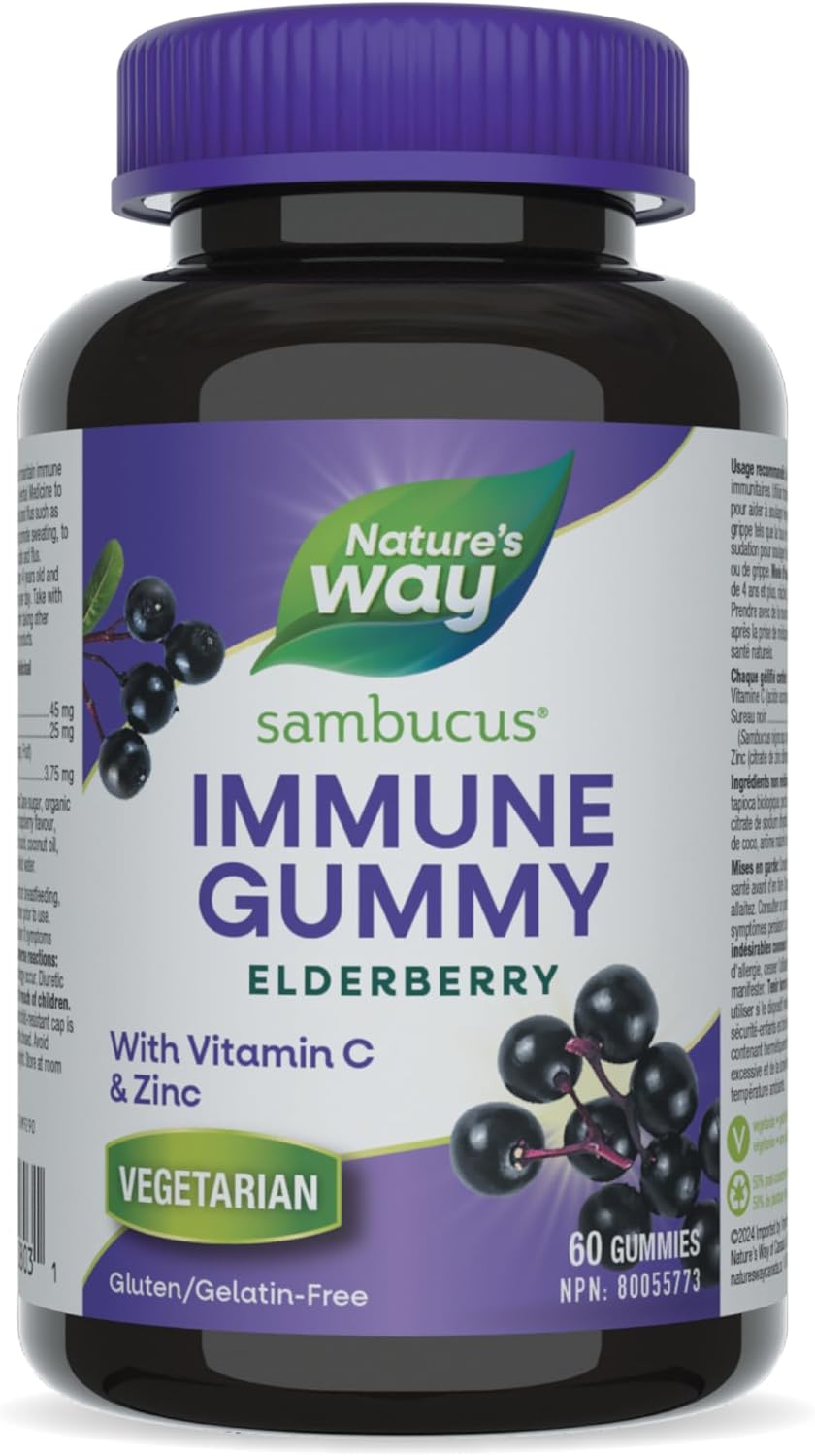 Nature's Way 接骨木免疫原味感冒和流感護理接骨木軟糖，含維生素 C 和鋅，用於草藥，為成人和 4 歲以上兒童提供免疫支持，60 粒軟糖