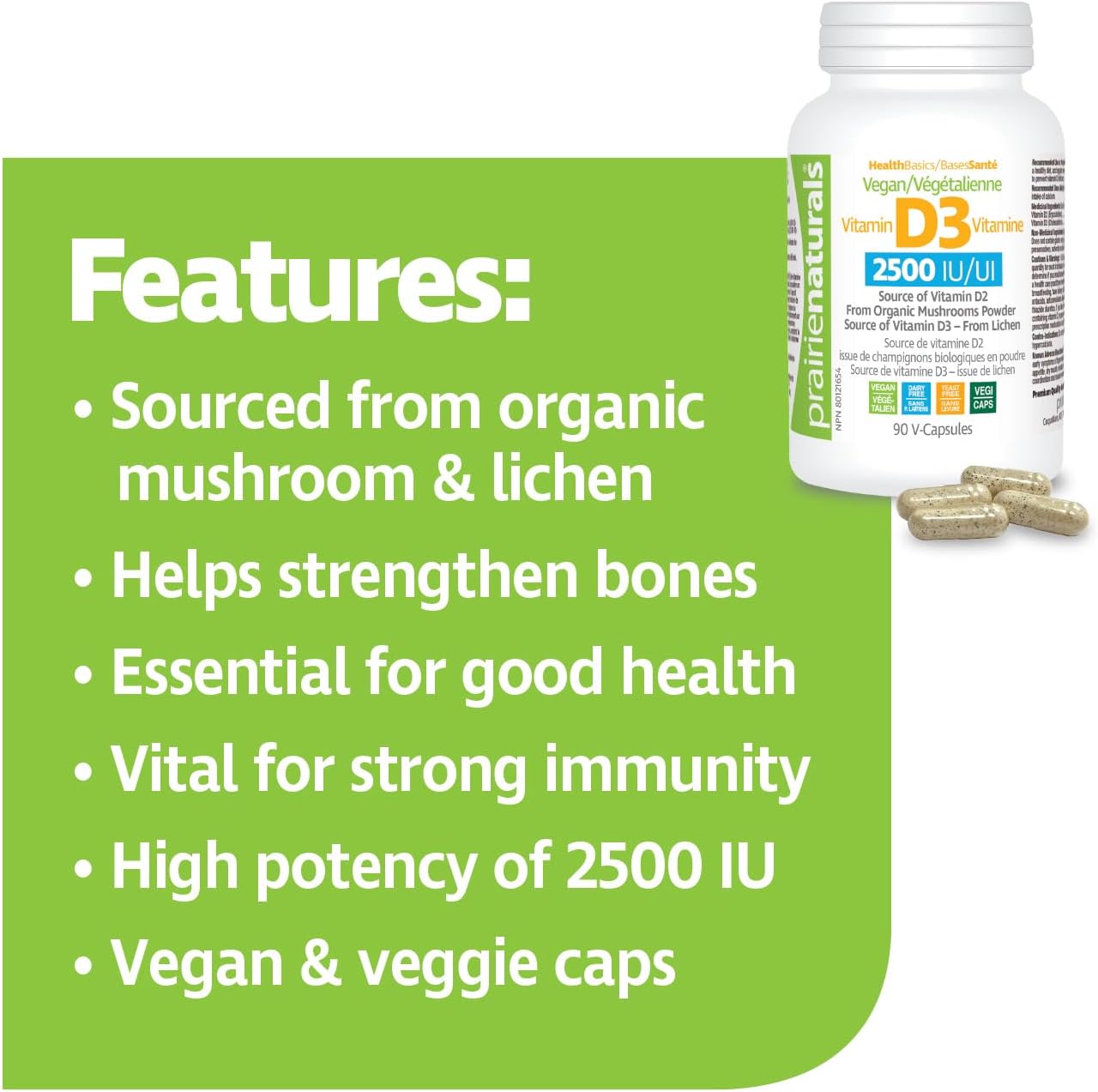 Prairie Naturals 素食维生素 D 2,500 IU，来自地衣和蘑菇 - 90 粒素食胶囊