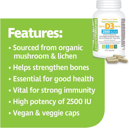 Prairie Naturals 素食维生素 D 2,500 IU，来自地衣和蘑菇 - 90 粒素食胶囊