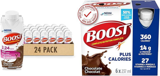 BOOST 2.24 Cal/mL, Complete Nutrition Drink For Adults & PLUS Complete Nutrition Drink, Chocolate, 6x237ml Bottles, Case Pack of 4, Packaging May Vary