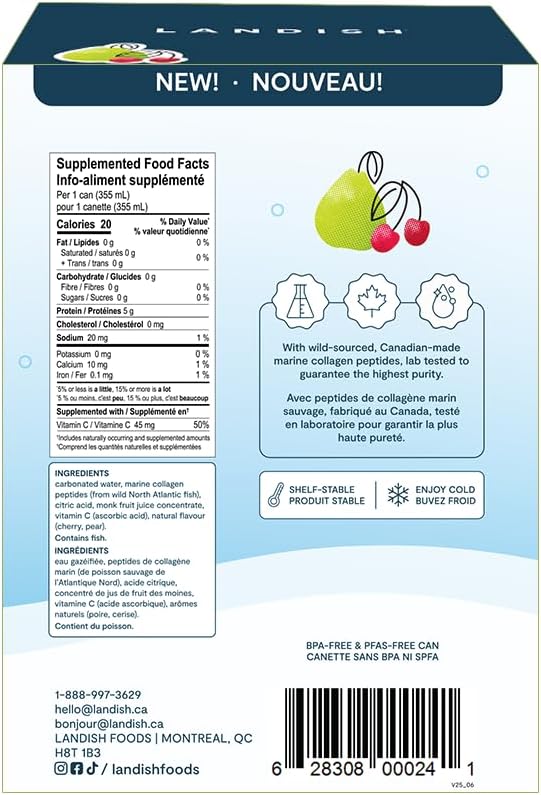 Landish Marine Collagen Sparkling Water Drink - Cherry Pear Flavour - 5 g Wild Canadian Marine Collagen - 0 g Sugar - 355 ml (6-Pack)