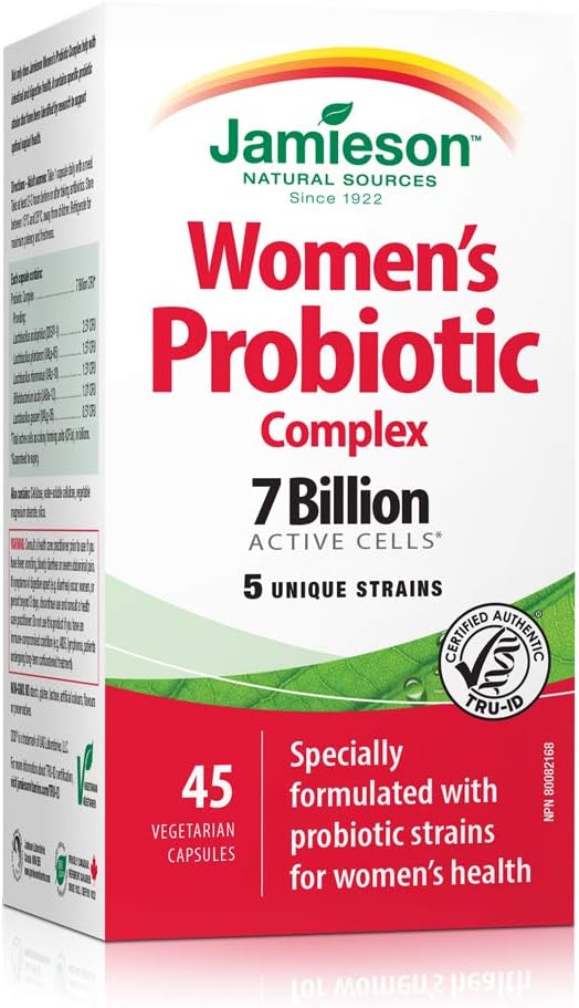 Jamieson Women's Probiotic Complex 7 Billion Active Cells, Supports Digestive Health, Intestinal Health, Gut Flora, and Vaginal Health. With Lactobacillus and Bifidobacterium, Non-GMO, Gluten-Free, 45 Vegetarian Capsules