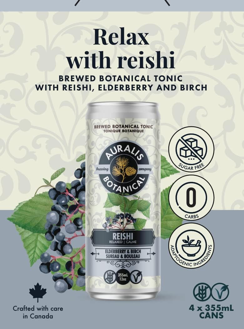 Auralis 植物滋补品，含灵芝、接骨木和桦木（4 包）采用真正的功能性蘑菇精酿而成 | 富含维生素和矿物质 | 不含糖或甜味剂 | 零碳水化合物和无麸质 | 由...制成……