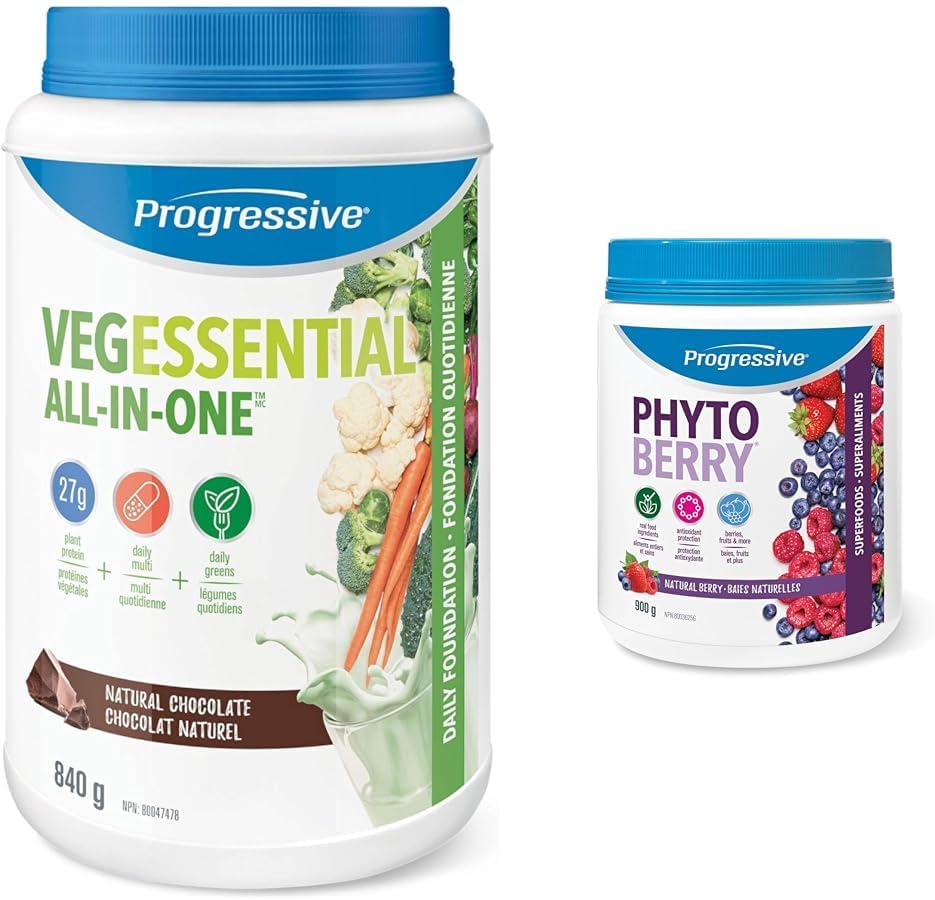 Progressive VegEssential，多合一纯素蛋白、绿叶蔬菜、维生素和矿物质粉 - 巧克力和浆果补充粉 - 900克 | 抗氧化剂来源