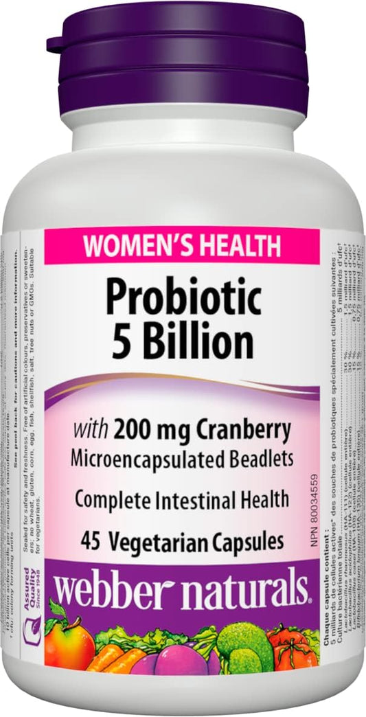 Webber Naturals Probiotic with Cranberry, 5 Billion Active Cells, 5 Probiotic Strains, 45 Capsules, Helps Prevent Recurring UTIs in Women, Vegetarian