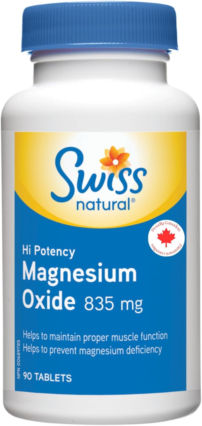 瑞士天然 – 氧化鎂，835毫克 | 高效力和吸收 – 正常心臟功能、神經系統、骨骼形成和肌肉健康 | 非基因改造、無麩質 | 不添加防腐劑 | 90片