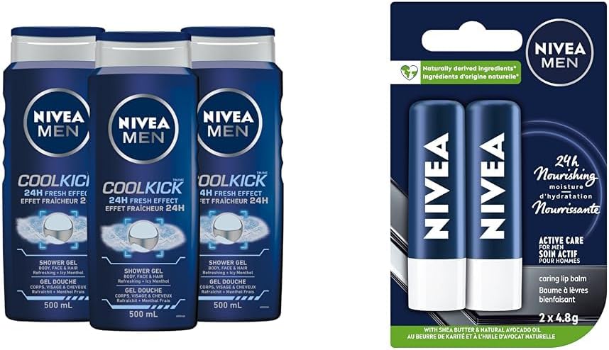 NIVEA MEN Cool Kick Body Wash | 3-in-1 Men Shower Gel (Body, Face & Hair), 3x500mL & MEN Active Lip Balm, (2 X 4.8g) | Made with Jojoba Oil & Shea Butter, 24H Hydration