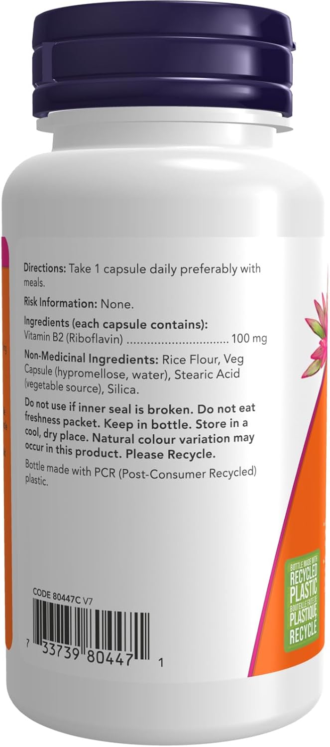 NOW Supplements, 维生素 B-2（核黄素）100 毫克，能量生成，100 粒素食胶囊