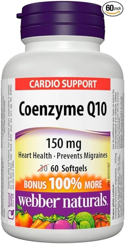 Webber Naturals 輔酶 Q10 (CoQ10) 150 毫克，60 粒軟膠囊，高效抗氧化劑，有益於心臟健康、促進細胞能量生成和緩解偏頭痛