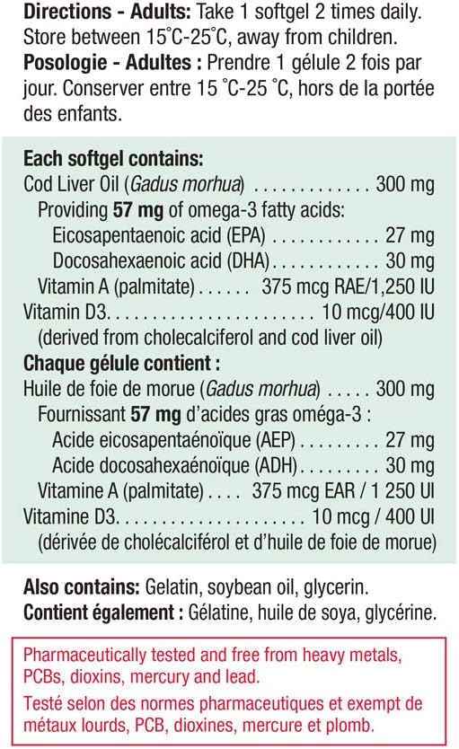 Jamieson 鱈魚肝油，含維生素 A 1250 國際單位和維生素 D3 400 國際單位，有助於視力、骨骼健康和免疫健康。不含麩質，不含人工色素、香精或防腐劑，100 粒軟膠囊，加拿大製造