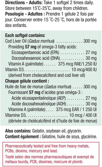 Jamieson 鱈魚肝油，含維生素 A 1250 國際單位和維生素 D3 400 國際單位，有助於視力、骨骼健康和免疫健康。不含麩質，不含人工色素、香精或防腐劑，100 粒軟膠囊，加拿大製造