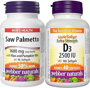Webber Naturals 鋸棕櫚 160 毫克，含亞麻和南瓜油，90 粒軟膠囊和維生素 D3 2500 IU 強效，180 粒軟膠囊，有益於骨骼和牙齒健康，並有助於預防維生素 D 缺乏症