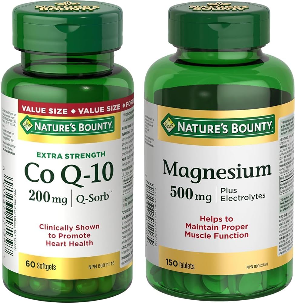 Nature's Bounty Co Q10 強效 200 毫克（60 粒軟膠囊）+ 鎂 500 毫克加電解質（150 片）套裝