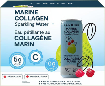 Landish Marine Collagen Sparkling Water Drink - Cherry Pear Flavour - 5 g Wild Canadian Marine Collagen - 0 g Sugar - 355 ml (6-Pack)