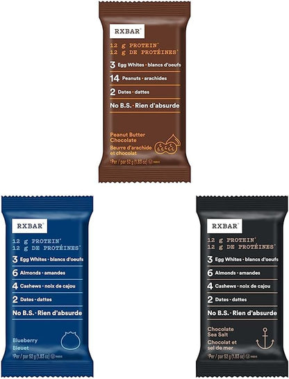 RXBAR Peanut Butter Chocolate Protein Bars 12 x 52 g & RXBAR Protein Bar Blueberry 12x52g (Pack of 12) & RXBAR Protein Bar Chocolate Sea Salt 12x52g (Pack of 12)