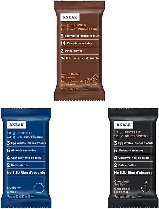 RXBAR Peanut Butter Chocolate Protein Bars 12 x 52 g & RXBAR Protein Bar Blueberry 12x52g (Pack of 12) & RXBAR Protein Bar Chocolate Sea Salt 12x52g (Pack of 12)