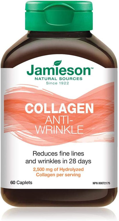 Jamieson 抗皺水解維麗素膠原蛋白 2,500 毫克，經臨床研究，28 天內減少細紋和皺紋，提升肌膚彈性。非基因改造，無麩質，60 粒膠囊，加拿大製造