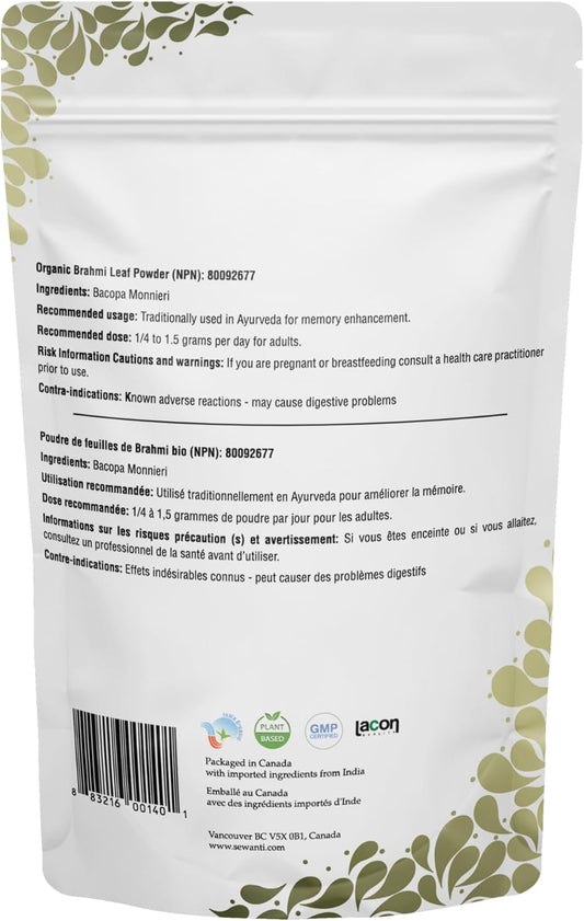 Organic Brahmi Powder NPN 80092677/ Memory Enhancement/ 200g