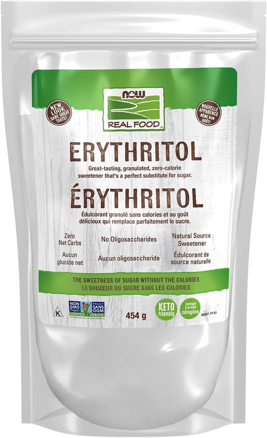 NOW Real Food, Erythritol, Pleasant Sweetner for Reduced-Calorie and Sugar-Free Recipes, Zero-Calorie, Low Glycemic Impact, 454g