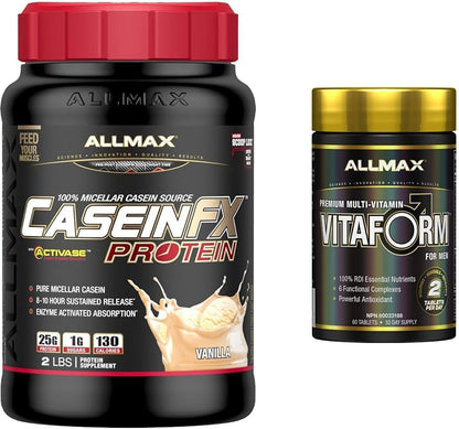 ALLMAX CASEIN-FX 香草味 2 磅 & VITAFORM - 高级 - 男士高效复合维生素 - 30 天用量 - 60 粒