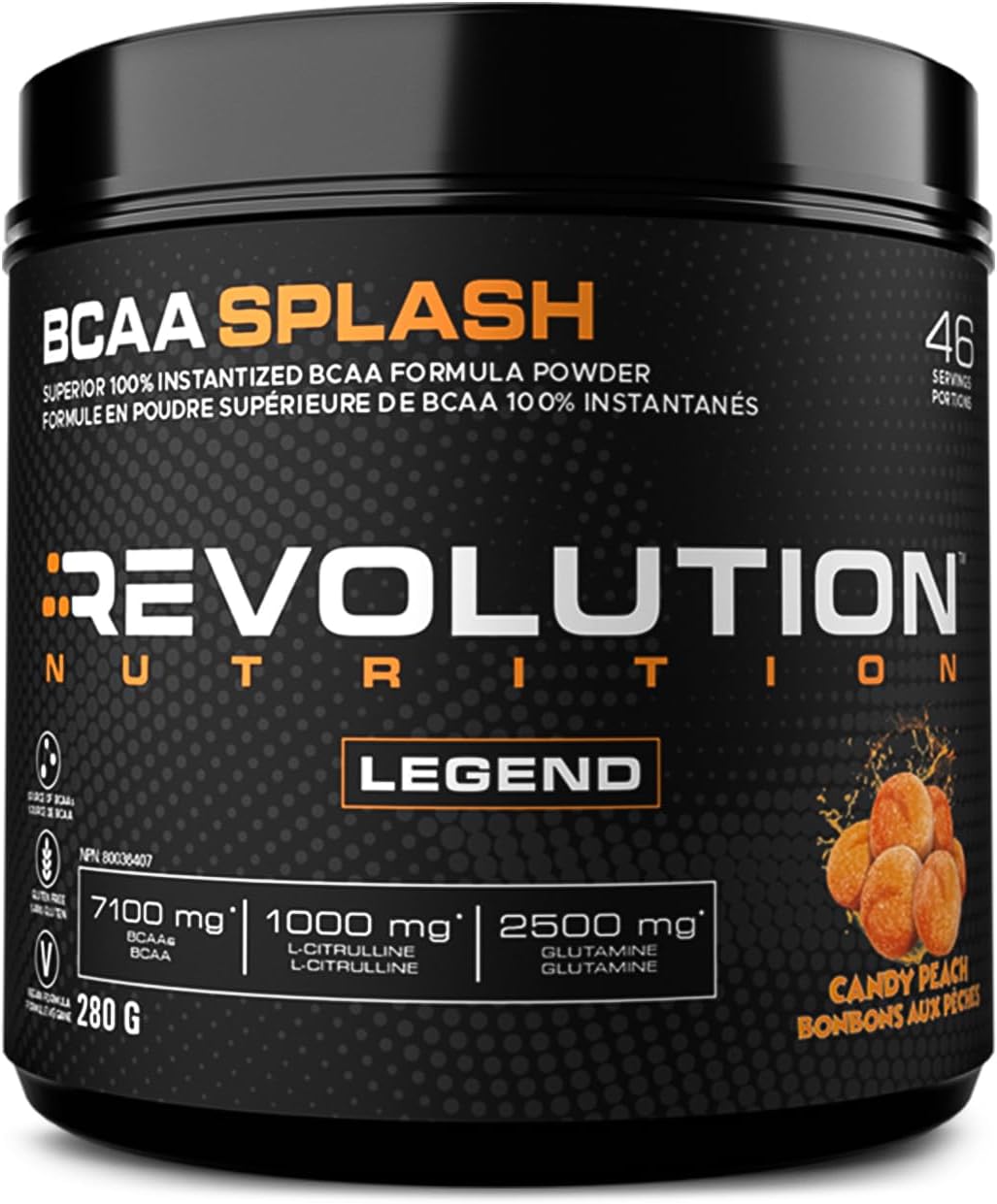 Revolution Nutrition, BCAA Splash，BCAA 粉，純素配方，零卡路里，無乳糖，肌肉恢復，運動後，7100 毫克支鏈氨基酸，1000 毫克瓜氨酸蘋果酸鹽，280 克，46 份（糖果桃子…