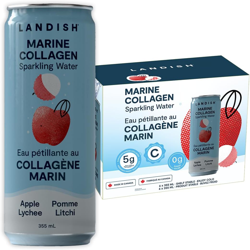 Landish Marine Collagen Sparkling Water Drink - Apple Lychee Flavour - 5 g Wild Canadian Marine Collagen - 0 g Sugar - 355 ml (6-Pack)