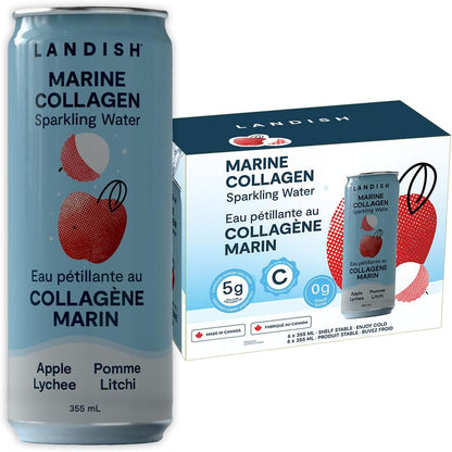 Landish Marine Collagen Sparkling Water Drink - Apple Lychee Flavour - 5 g Wild Canadian Marine Collagen - 0 g Sugar - 355 ml (6-Pack)